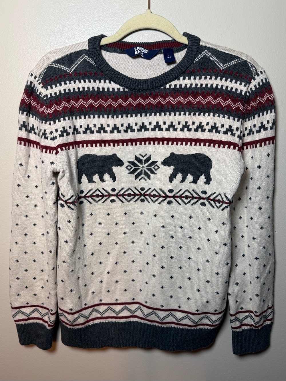 Lands' End Cream Crewneck Sweater with Charcoal and Burgundy Fair Isle Kids L 14
